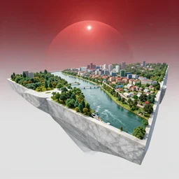 view from the side, colossal platform of white marble with a tilted part on which rivers flow and artificial forests grow, the platform hangs in an empty space, the platform is covered by a reddish dome of an artificial atmosphere and illuminated by a compact artificial star, on the platform are cities and settlements, the higher on the river the more rich and developed settlements, theo prins