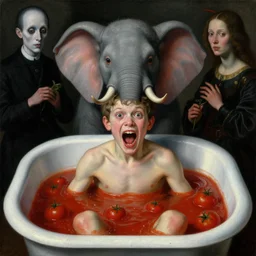 a boy like eraserhead and elephant man sitting in a tub full of tomato sauce, looking straight into camera, screaming in desperation, headspace, by rules of composition, by giuseppe arcimboldo and ambrosius benson, renaissance, fruit, intricate and intense oil paint, a touch of beksinski and hr giger and edward munch, realistic
