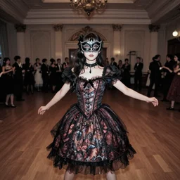 lomography, full body portrait photo of young women like reol in a vast ballroom interior dancing at a masquerade party, wearing an ornate gothic dress and choker, moody, realistic, dark, skin tinted a warm tone, light blue filter, hdr, rounded eyes, detailed facial features