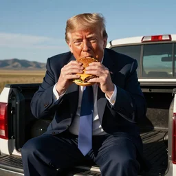 donald trump eating a cheeseburger, sitting in the back of a pickup truck.