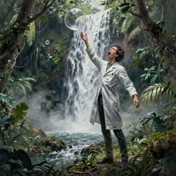 hyperrealist painting of a skinny grey scientist screaming out a bubble in the sky in a waterfall from howl's moving castle ( 2 0 0 4 ) jungle. moody, misty, depth perception.