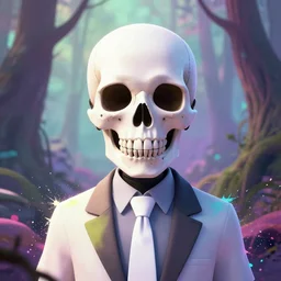 a cyberpunk skull wearing a ksuru plague mask., otherwordly forest, white tie, pixiv fanbox, dramatic lighting, maximalist pastel color palette, splatter paint, pixar and disney exploded - view drawing, graphic novel by fiona staples and dustin nguyen, peter elson, clean cel shaded vector art, trending on artstation