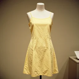 the film still photographed image is a vintage leisure wear ensemble from the 1 9 5 0 s. the slip is inspired by yellow. it is displayed on a mannequin in a museum exhibit.