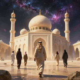 Hyperdetailed masterpiece concept art of bedouin walking towards mosque, surrounded by nebula hyperdetailed concept art by Greg Rutkowski and Ross Tran, high quality DnD illustration, trending on ArtStation, all rights reserved Wizards of the Coast