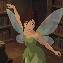 animation still frame of an attractive female fairy ( medium brown hair ) in an awesome pose, high angle closeup portrait, blurry background of the library, disney, pixar, bloom, medium shot, dramatic lighting, in the style of studio ghibli, j. c. leyendecker, greg rutkowski, artgerm