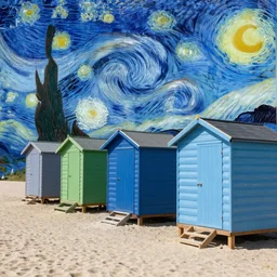 tiki huts on beach in the style of starry night by Van Gogh
