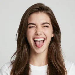 beautiful girl, looking upwards, rolling eyes, big smile, tongue out
