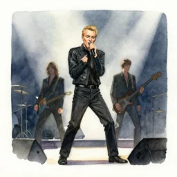 joy division on stage. watercolour. low lighting high contrar
