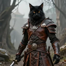 humanoid male khajiit rogue, wearing leather armor, mainecoon cat features with black fur, far - mid shot, magic the gathering, fantasy