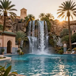 beautiful oasis waterfalls on mars surrounded by palm trees, moroccan tile archways, date trees, ivory towers, sun setting, ross tran, nephilim, pyroclastic flow, ethereal, fantasy, james jean, oozium, peter morbacher, angelarium, alchemy, luxury, heavenly light, soft illumination, trending on artstation, cinematic lighting, digital painting, octane render, artgerm