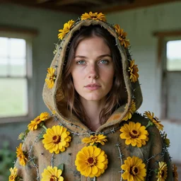 a closeup portrait of a woman wearing a hooded cloak made of zinnias and barbed wire, in a derelict house, by Corbin Gurkin, natural light, detailed face, CANON Eos C300, ƒ1.8, 35mm, 8K, medium-format print