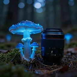 blue forest, glowing mushrooms, sigma lens, strong bokeh, photography, highly detailed, 8 5 mm, f / 1. 3