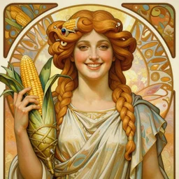 masterpiece painting of beautiful fortuna goddess of wealth with long braided hair and cornucopia, gorgeous smile, wearing a toga, hyper realistic face, volumetric lighting, roman fantasy art, organic matte, in the style of alphonse mucha, donato giancola, tom bagshaw, intricate, hyper detailed, smooth, vibrant aura