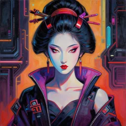 a beautiful painting of a cyberpunk geisha by malika favre, in style of noir illustration. colorful comic, symmetry, sci fi, hyper detailed. octanev render. trending on artstation, high detailed, smooth draw.