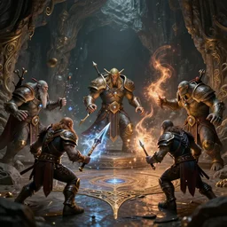 5 orcs fantasy characters fight with magic in big cave, action scene, lumen reflections, sharpened, insanely detailed and intricate, hypermaximalist, elegant, ornate, hyper realistic, super detailed, digital art, bokeh blur