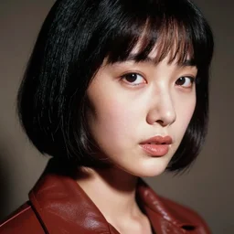 ektachrome, 3 5 mm, highly detailed : incredibly realistic, youthful asian demure, perfect features, feminine cut, beautiful three point perspective extreme closeup 3 / 4 portrait photo in chiaroscuro style 1 9 7 0 s frontiers in flight leather suit cosplay vogue fashion edition, nick night