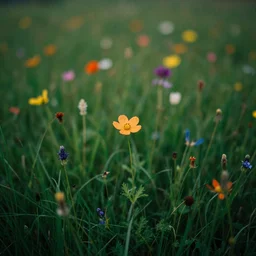a macro photograph of a meadow of colourful flower, green grass, cinematic lighting, 35mm DSLR