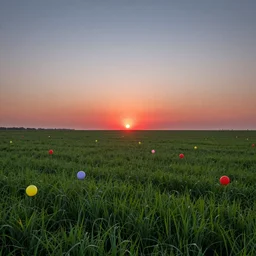 colored circles on a green field, red sunset