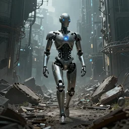 A robot walking through a ruined city, thousands of years in the future, futuristic, dystopian, ominous, beautiful, astral, mystical, intricate, detailed