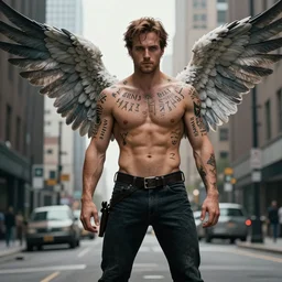 handsome! Sam Winchester as a muscular angel wings wide open whole body tattooed with runes and religious symbols, urban fantasy romance book cover, D&D!, fantasy style, sharp focus!, ultra detailed, art by Artgerm and Peter Andrew Jones, WLUP