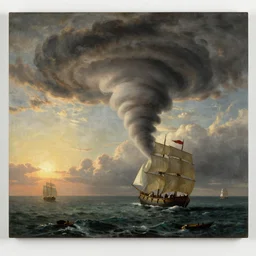 1 8 th century historical painting representing tornado on the sea, dramatic sunrise, sailing boat, high quality, hermitage museum catalog,