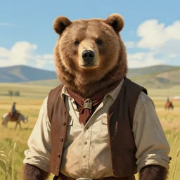 wild west portrait of furry anthro anthropomorphic grizzly bear head animal person fursona wearing clothes in the valley, sunny day, digital art by Nerdrum John, William Waterhouse, Winslow Homer, Alex Heywood, Jordan Grimmer, Darren Quach, Greg Rutkowski, Simon Stalenhag, trending on Artstation, CGSociety
