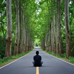 A man sitting on a beautiful road in a forest with tall Nutmeg trees lined up on the side of the road with his back to the camera, professional photography
