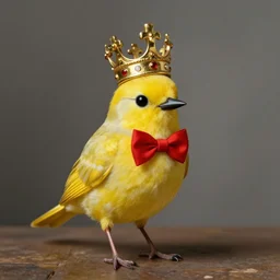 a yellow bird wearing a crown and a red bow tie by nicolas mignard