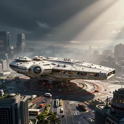 a large spaceship seen from the surface of a busy metropolis, star wars digital art