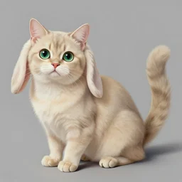 realist detailed painting concept art of a cute beige cat with big green eyes, long floppy rabbit ears, and long tail, in the art style of nakanoart, ebbarie, kajenna
