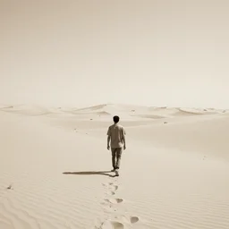walking down a single path in a desert, dream, tonemapped, sepia, photorealistic