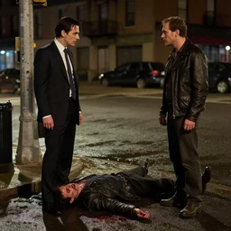 a hyperrrealistic night time image of two vampires looking at a drained victim at a dirty and wet street corner, one of the vampires is the district attorney of new york city, wearing a creasy striped suit and the other one is a russian immigrant bar owner in new york city wearing a leather jacket