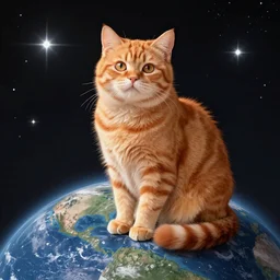A fuzzy orange cat sitting on planet earth, space with stars in the background, highly-detailed illustration, Artstation