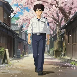 a full body portrait of a mechanic confidently walking, city with sakuras, studio lighting delicate features finely detailed perfect art, at an ancient city, gapmoe yandere grimdark, trending on pixiv fanbox, painted by greg rutkowski makoto shinkai takashi takeuchi studio ghibli