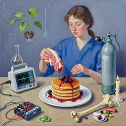 painting of a female art student, surgical equipment, raw pork, berry juice drips, pancakes, berries, bones, defibrillator, electrical wires, battery, oxygen tank, scientific glassware, seedlings, bones, art supplies, candles dripping wax, neo - impressionist, surrealism, acrylic and spray paint and oilstick on canvas