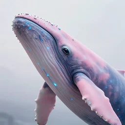 natural light, soft focus portrait of a cyberpunk anthropomorphic humpback whale with soft synthetic pink skin, blue bioluminescent plastics, smooth shiny metal, elaborate ornate head piece, piercings, skin textures, by annie leibovitz, paul lehr