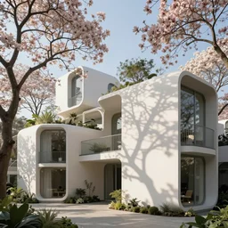biophilic design, utopian architecture, pod structures, minmalist parametric, flowering trees