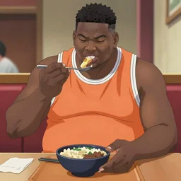 an obese zion williamson eating in naruto, anime still