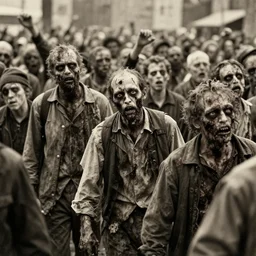 Old photo of a crowd of people, some of the people are zombies, decaying photo