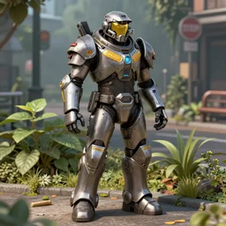 Power armor enclave from Fallout 2 stands on a street overgrown with plants, high detail, smooth, clear focus, realism,
