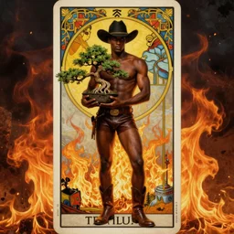 a dramatic ethereal epic symmetrical painting of a handsome black man holding a bonsai tree | he is shirtless and wearing a cowboy hat, leather shorts, and boots | background is a fire conflagration flames | tarot card, art deco, art nouveau, homoerotic, realistic | by Dresden Codak, by Mark Maggiori and ((((Alphonse Mucha))) | trending on artstation