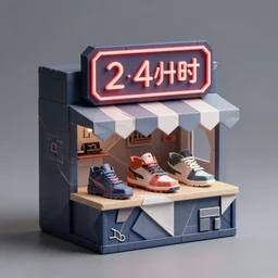 origami mini cyberpunk shoe store has a neon sign of 2 4 hours, fantasy, intricate, elegant, highly detailed, digital painting, artstation, concept art, smooth, sharp focus illustration, created by jan urschel and sylvain sarrailh, 4 5 ° 3 d viewing angle