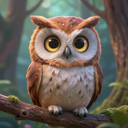 owl magic forest, cute friendly crazy owl closeup with beauty eyes sitting on a tree branch, in the style of craola, shallow depth of field, highly detailed, digital painting, trending artstation, concept art, illustration, cinematic lighting, vibrant colors, photorealism, epic, octane render