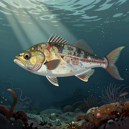 illustration of an angler fish, in the style of robert geronimo, deep sea, stylized linework, ornamentation, artistic, muted color