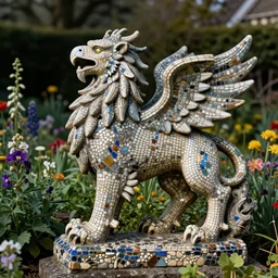 extremely detailed pebble mosaic statue, of a griffin, in an english cottage style flower garden