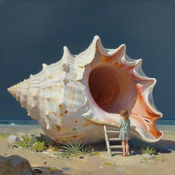 atmospheric painting of a giant seashell house, a young girl stands outside, by moebius and john harris, atmospheric, concept art, saturation 8