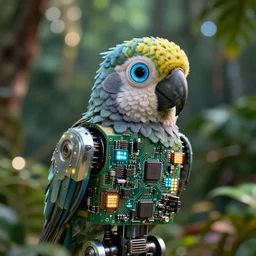 robot parrot bird, tropical environment, bokeh, led lights, circuit board, complex electronics, dystopian, grunge, eyeball camera, sharp details, octane render
