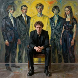 portrait of an actor sitting in a chair contemplating, art by james jean and luc tuymans and vincent lefevre and hernan bas and pat steir and hilma af klint, psychological, dripping paint, high quality render, cg society contest winner, panfiturism, masterpiece