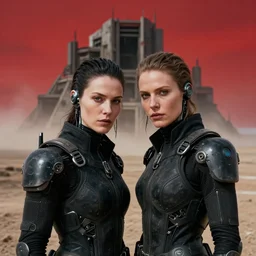 cinestill 5 0 d photographic portrait of two loving female androids wearing rugged black techwear on a desolate plain with a red sky in front of a brutalist structure by steve mccurry, extreme closeup, cyberpunk style, dust storm, 8 k, hd, high resolution, 3 5 mm, f / 3 2, ultra realistic faces, ex machina