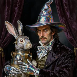 a close - up portrait painting of a iridescent chrome wizard magician holding a steampunk rabbit. dark velvet curtains, gloomy dark background. highly detailed science - fiction painting by norman rockwell, moebius, frank frazetta, and syd mead. rich colors, high contrast. artstation